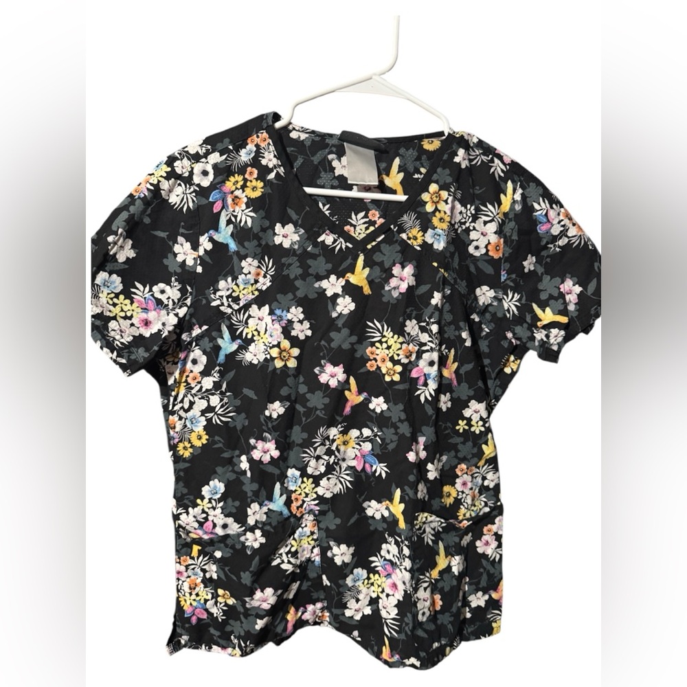 Cherokee Black Floral Scrub Top